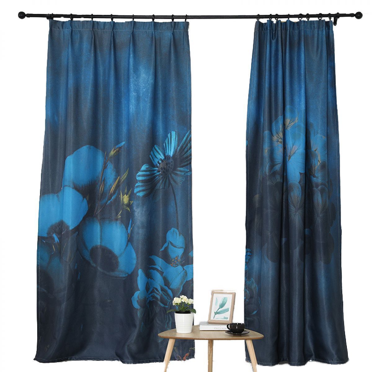 3d Blue Flowers Rprinted Window Curtain Home Decor