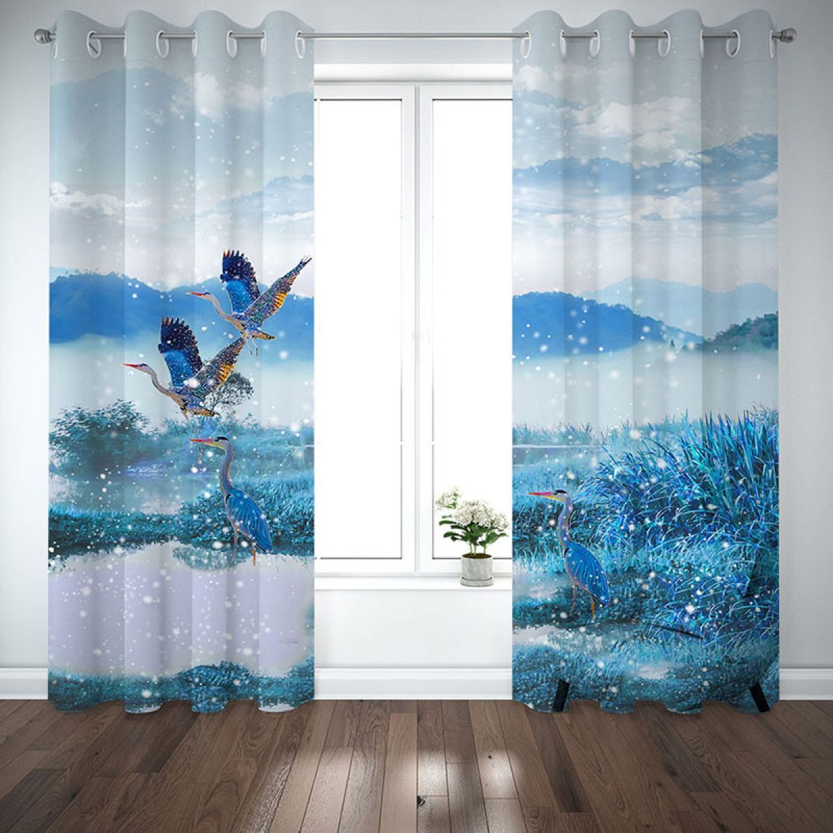 3d Blue Herons In The Wild Printed Window Curtain Home Decor