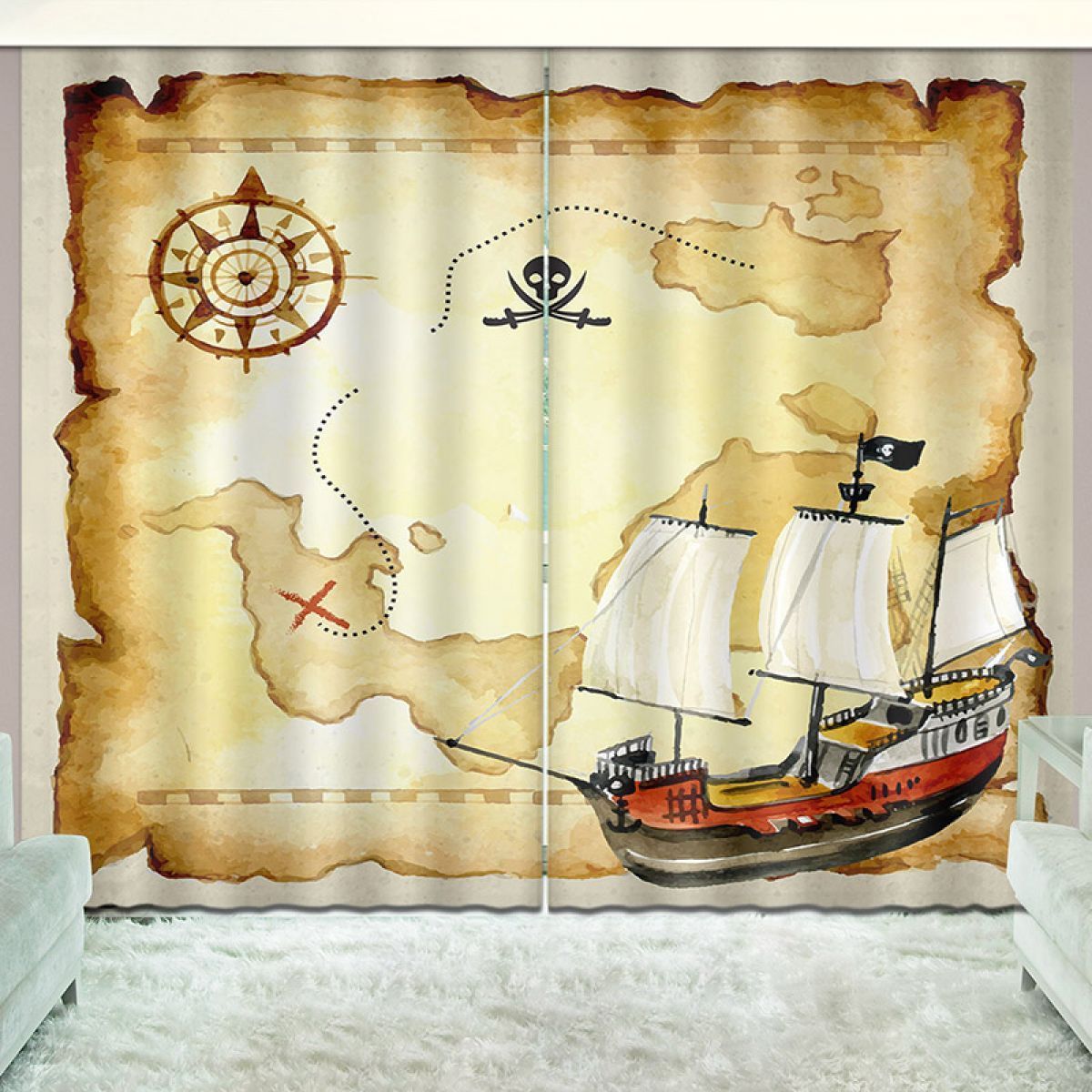 3d Boat And Map Printed Window Curtain Home Decor