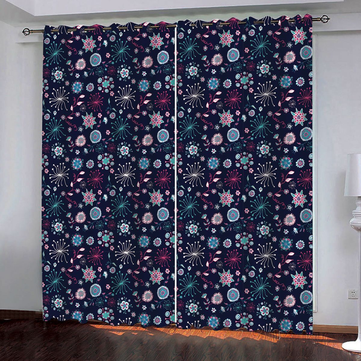 3d Bohemian Flower Design Dark Blue Printed Window Curtain Home Decor