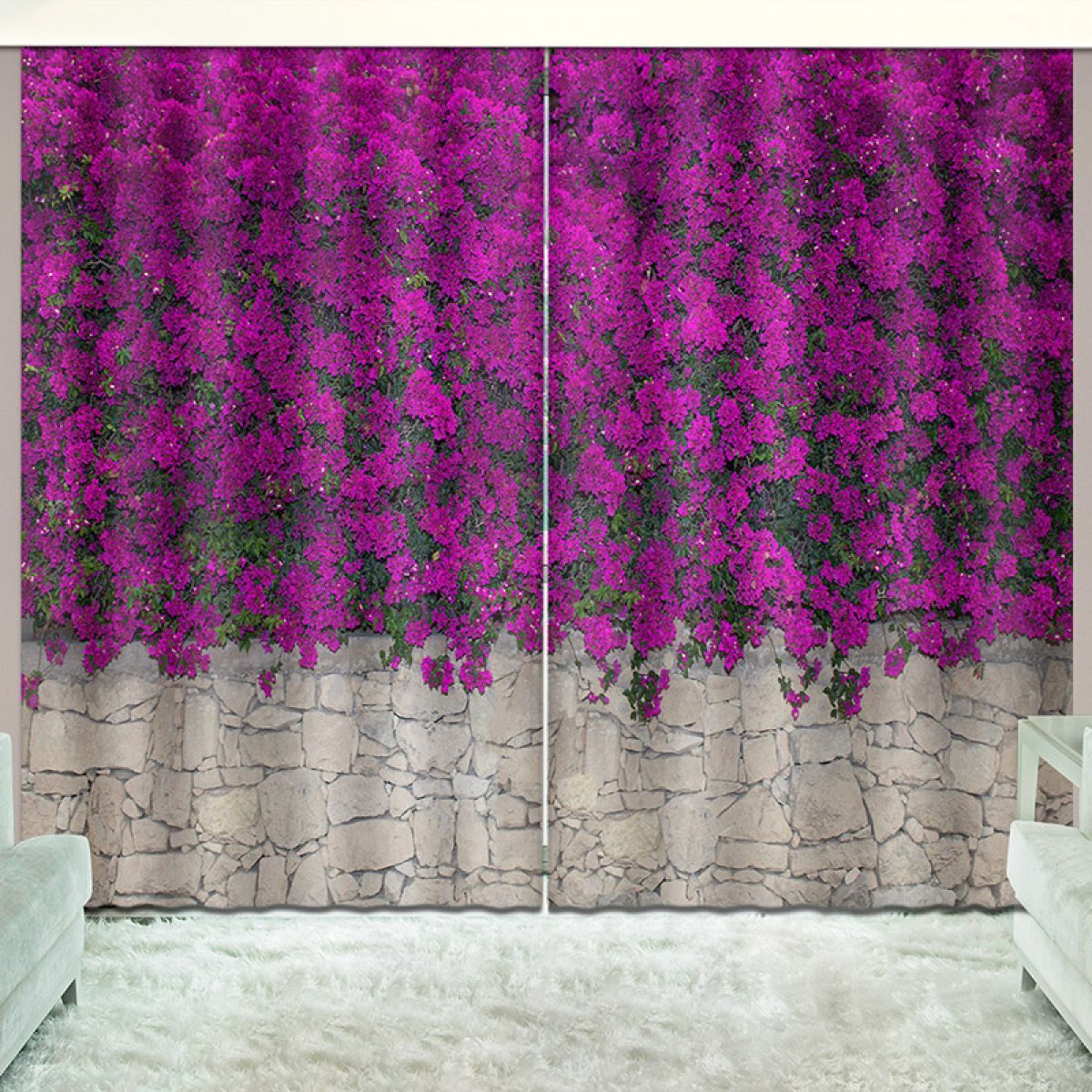 3d Bougainvilleas Over The Stone Wall Printed Window Curtain Home Decor