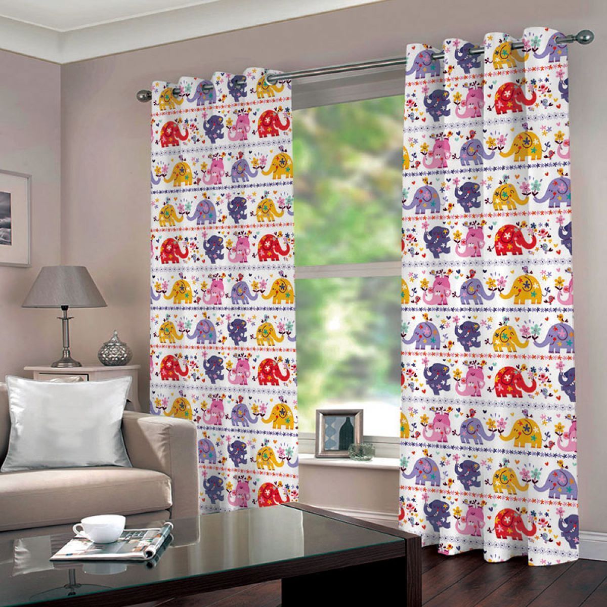 3d Cartoon Elephants White Background Printed Window Curtain Home Decor