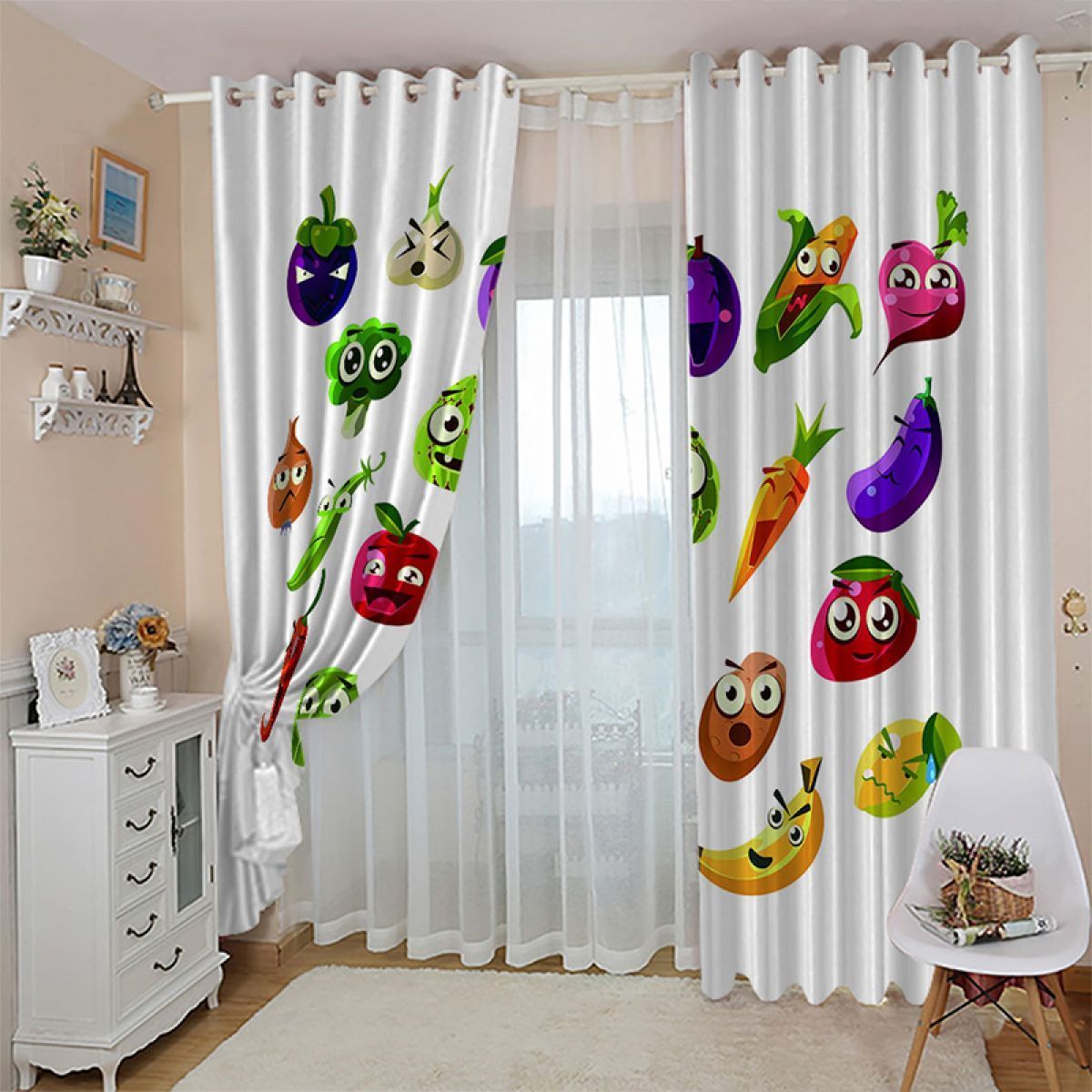 3d Cartoon Fruits And Vegetables Printed Window Curtain Home Decor