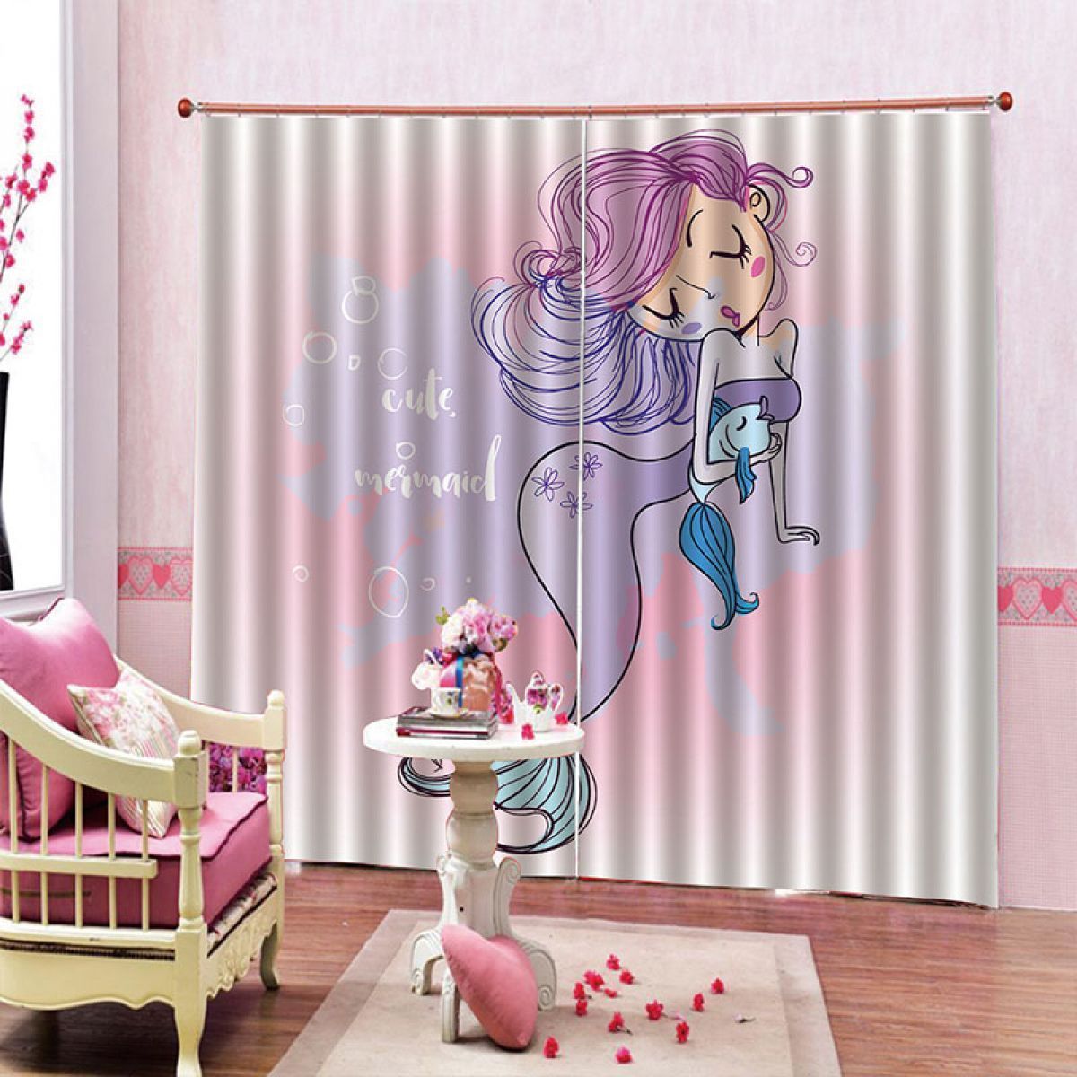 3d Cartoon Mermaid Printed Window Curtain Home Decor