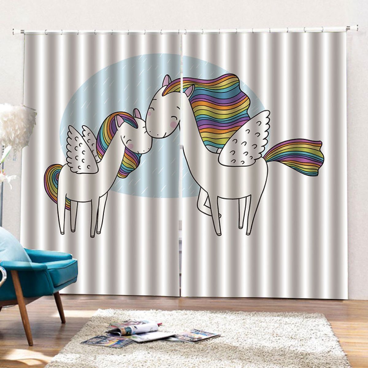 3d Cartoon Rainbow Horses Printed Window Curtain Home Decor