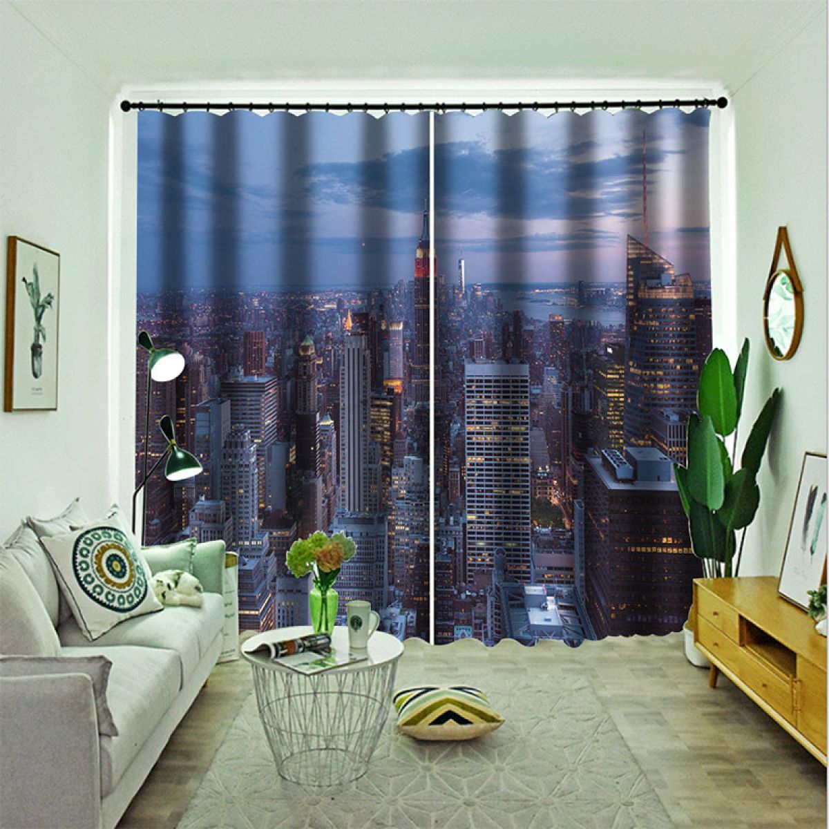 3d City High Rise Building Scenery Printed Window Curtain Home Decor