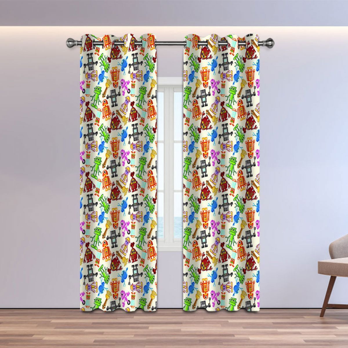 3d Colorful Robot White Background Printed Window Curtain Home Decor