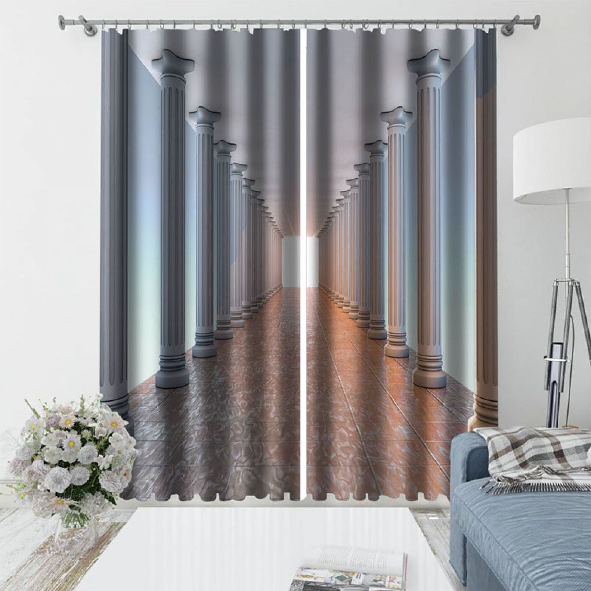 3d Corridor With Pillars Printed Window Curtain Home Decor