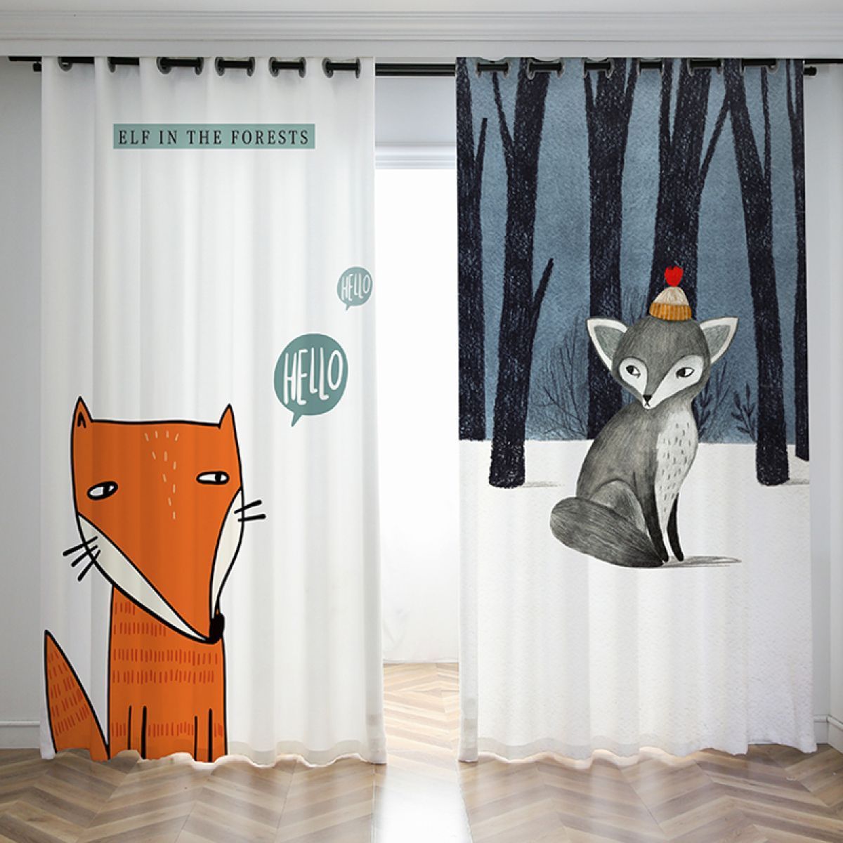 3d Cute Fox Printed Window Curtain Home Decor