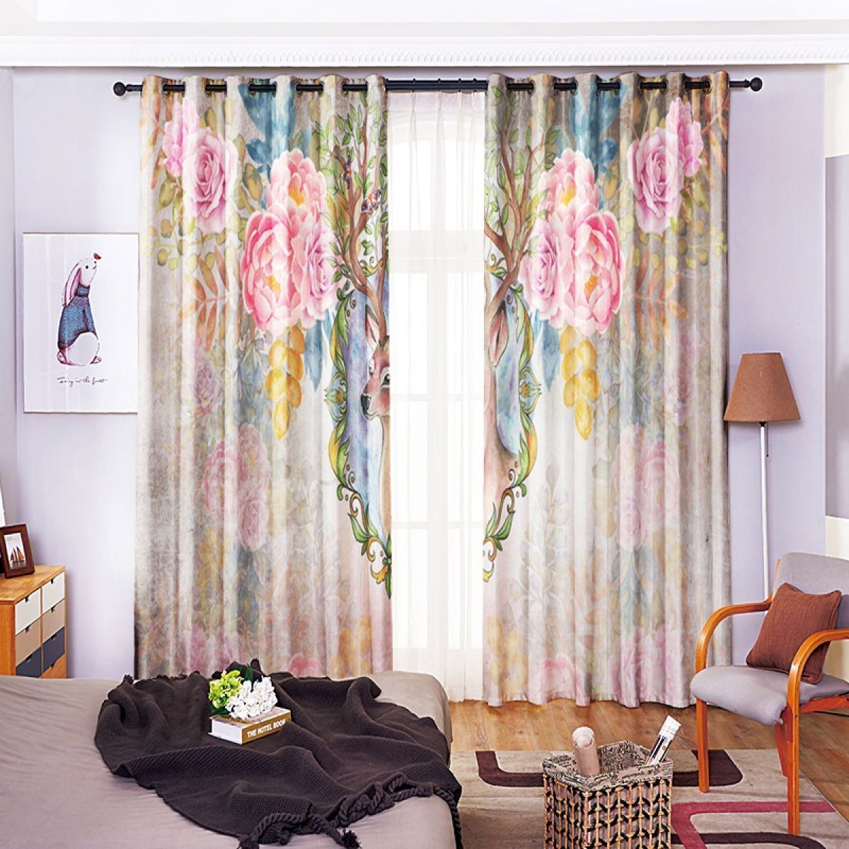 3d Deer And Pink Flower Printed Window Curtain Home Decor