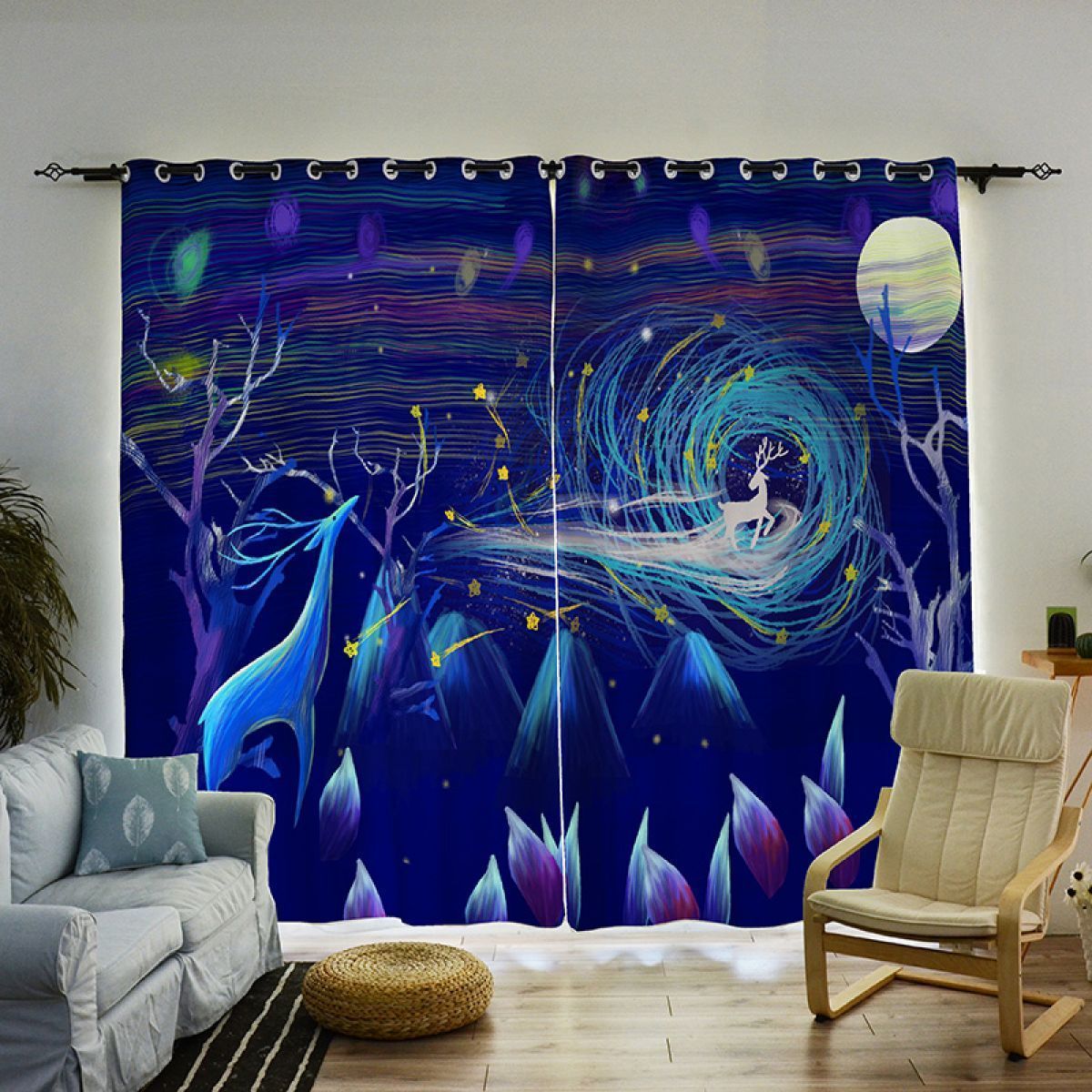 3d Deer In The Forest Art Printed Window Curtain Home Decor