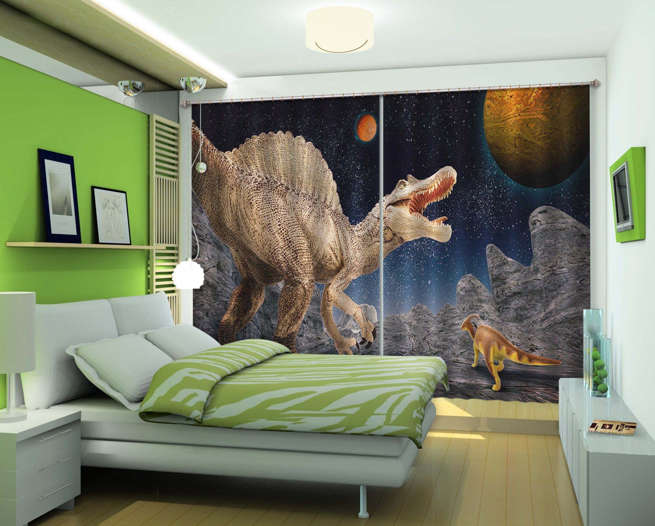 3D Dinosaur On The Planet Printed Window Curtain