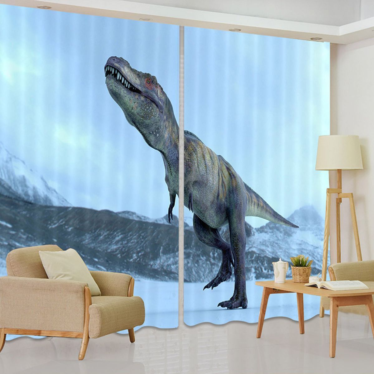 3d Dinosaur On The Snow Printed Window Curtain Home Decor