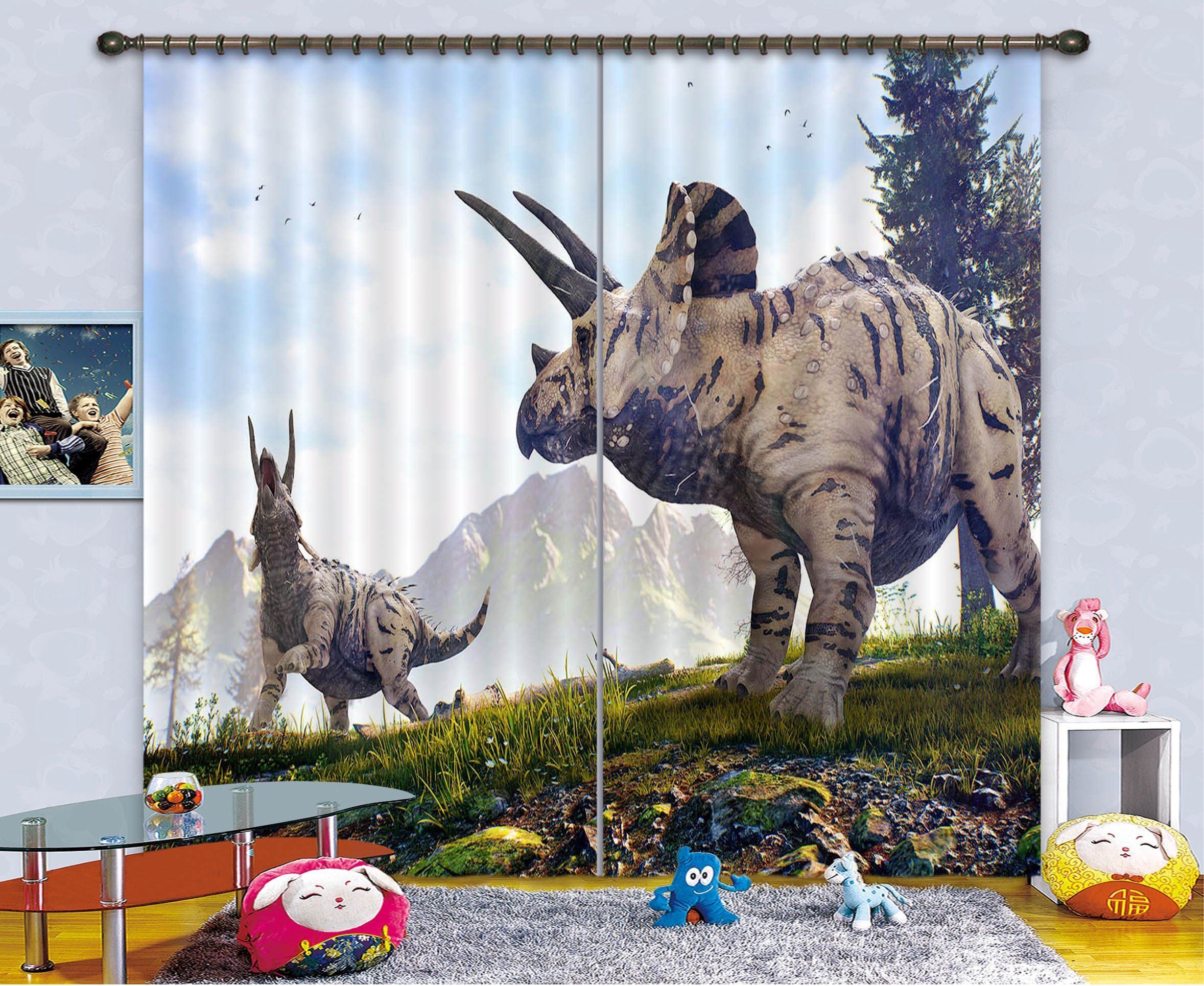3D Dinosaur With Mountainous Terrain Printed Window Curtain
