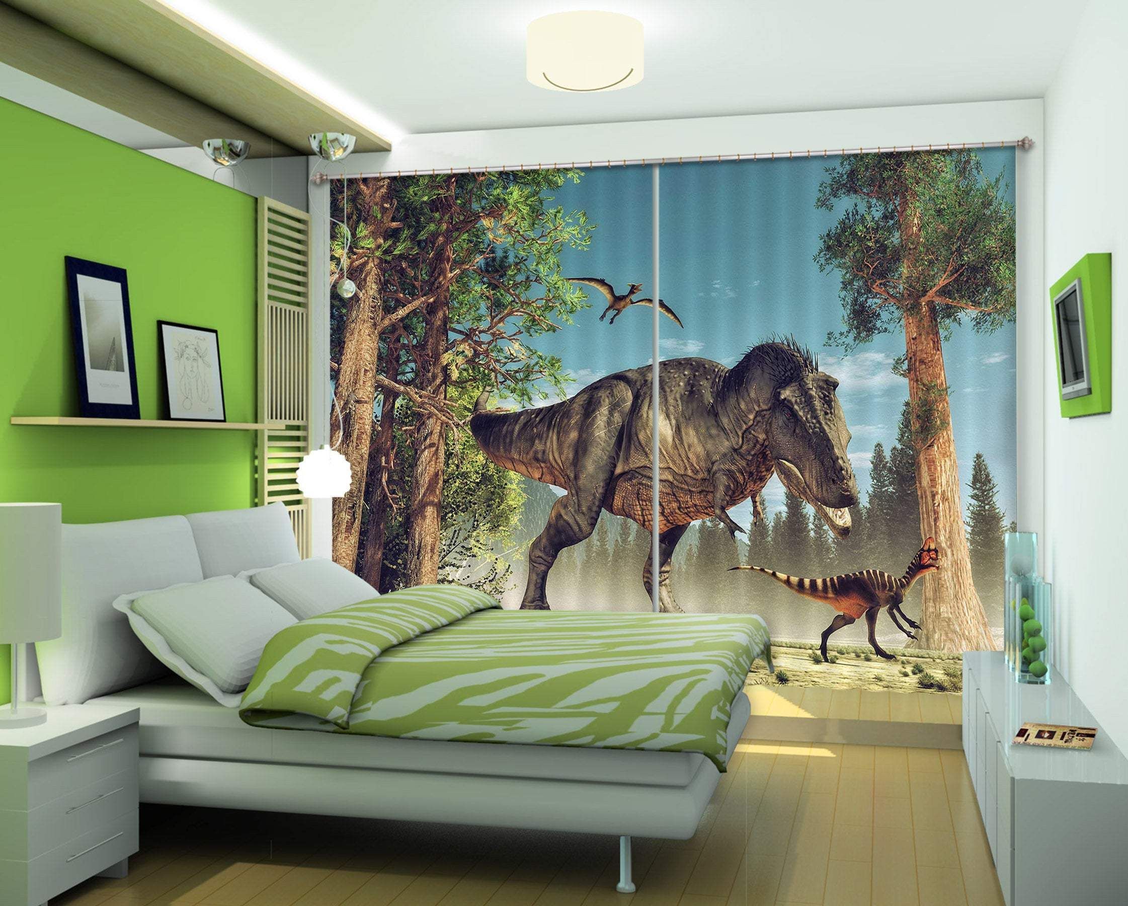 3D Dinosaur With Trees Printed Window Curtain