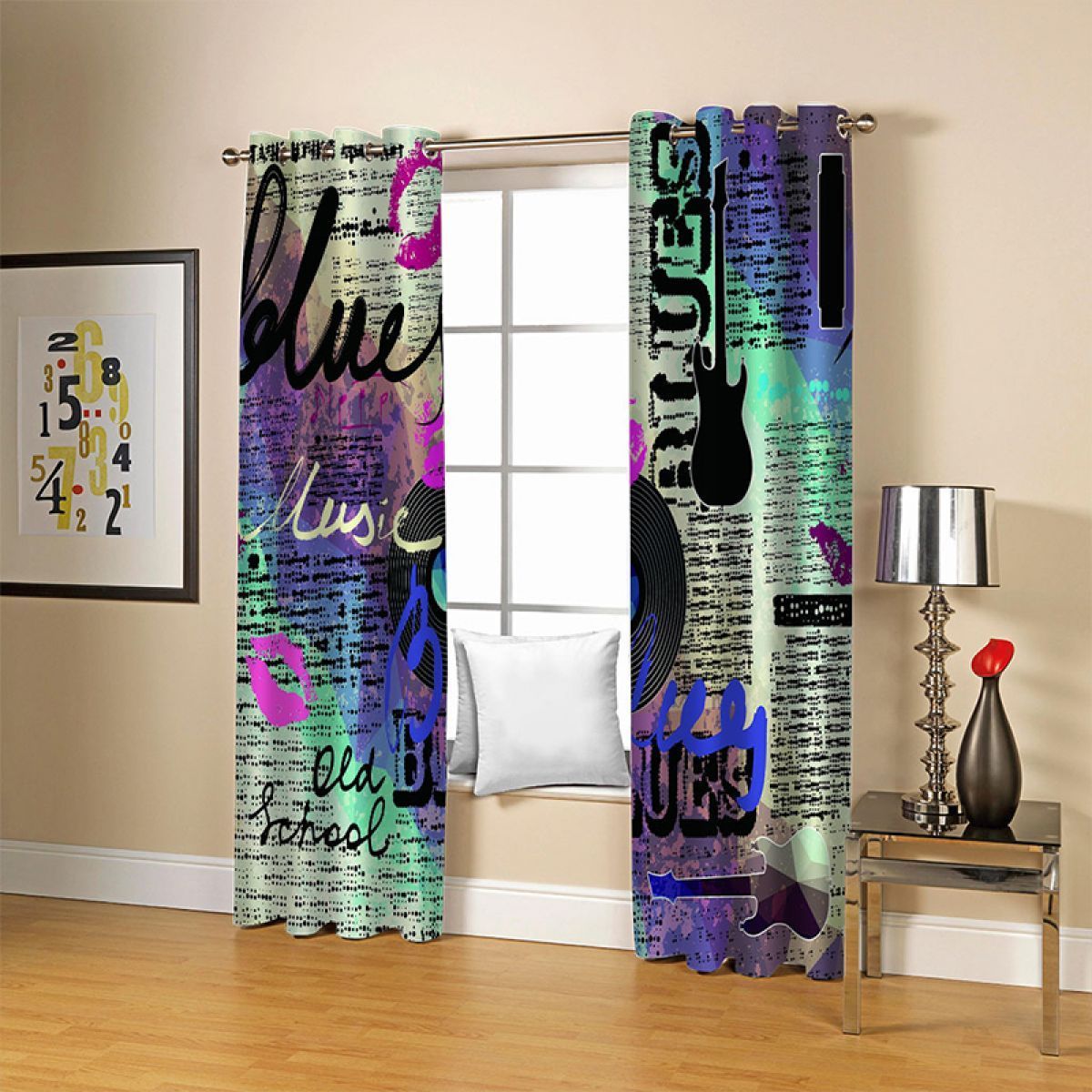 3d Disco And Guitar Printed Window Curtain Home Decor