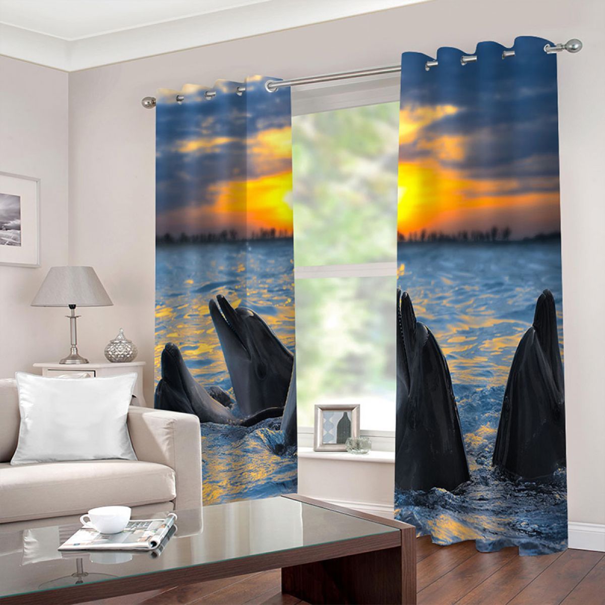 3d Dolphins In The Sea Printed Window Curtain Home Decor