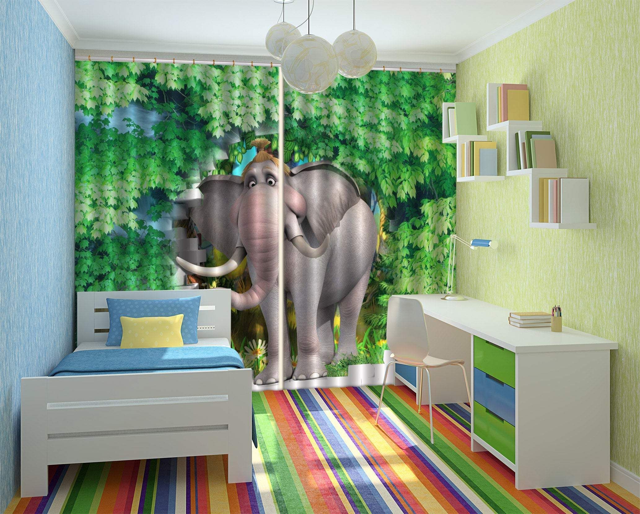 3D Elephant With Trees Cartoon Printed Window Curtain