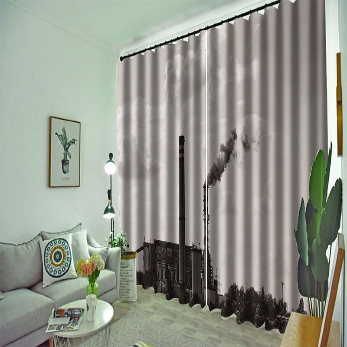 3d Factory Chimney Printed Window Curtain Home Decor