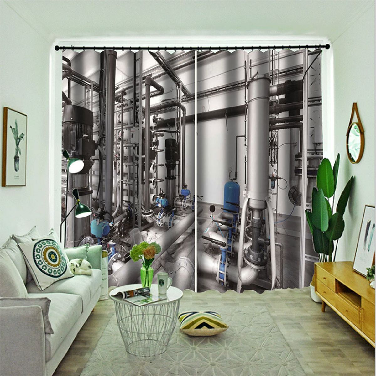3d Factory Machine Grey Printed Window Curtain Home Decor