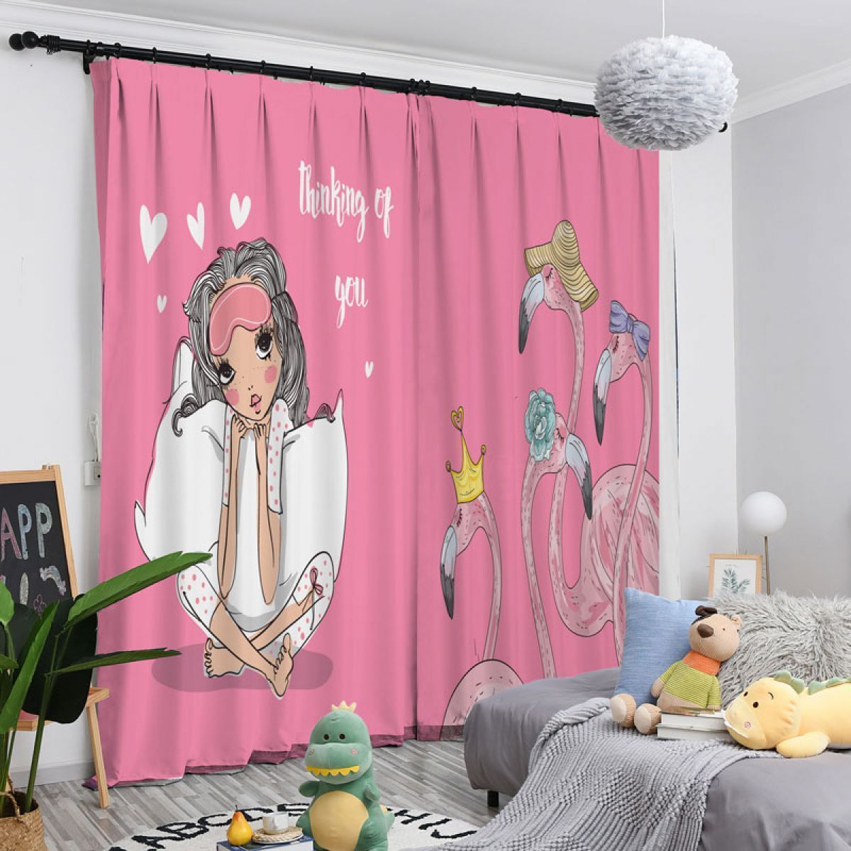 3d Flamingo And Girl Pink Printed Window Curtain Home Decor