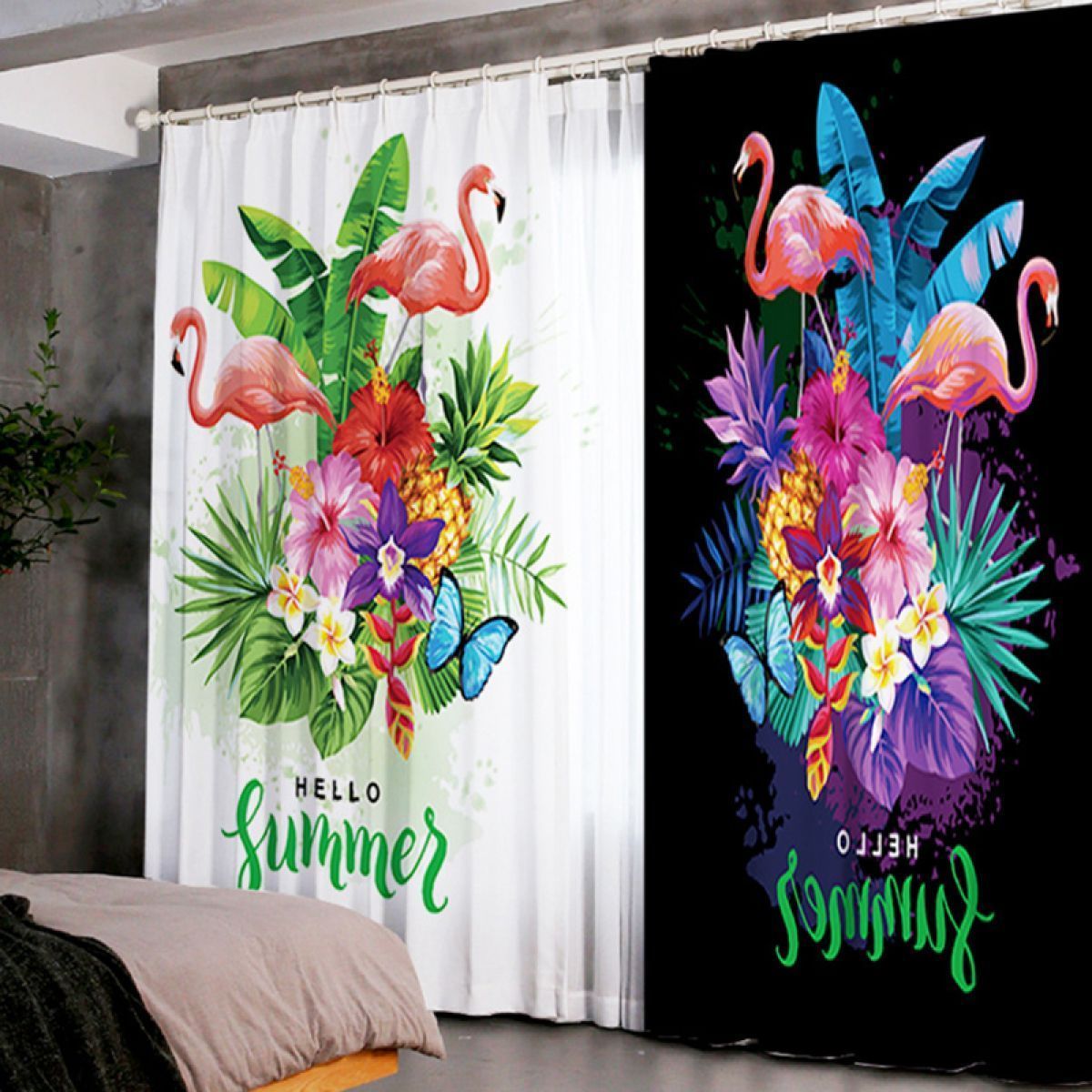 3d Flamingo And Plant Aesthetic Art Printed Window Curtain Home Decor