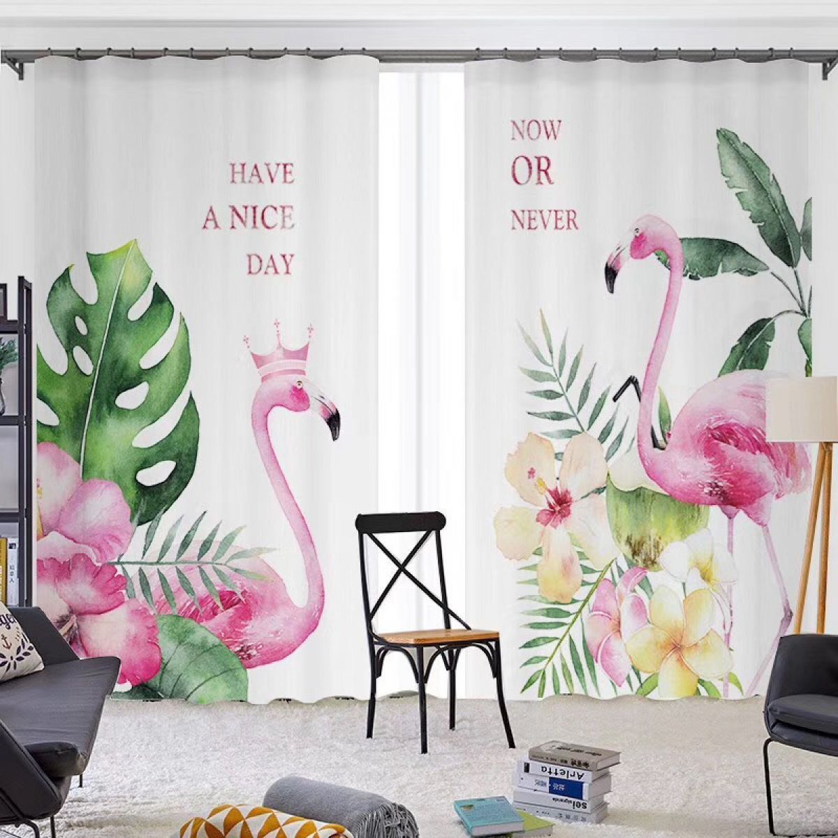 3d Flamingos And Leaves Now Or Never Printed Window Curtain Home Decor