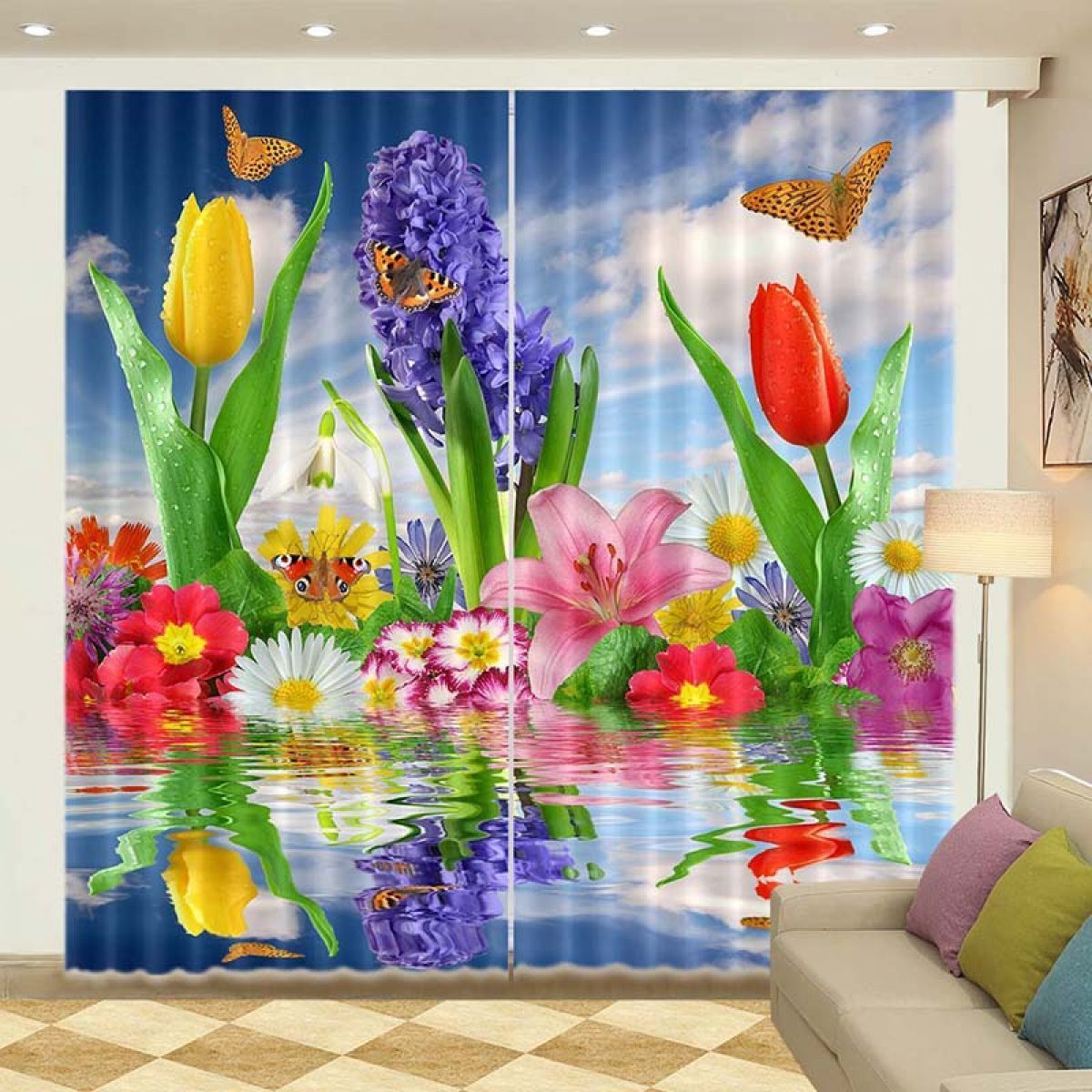 3d Flowers On The Water Printed Window Curtain Home Decor