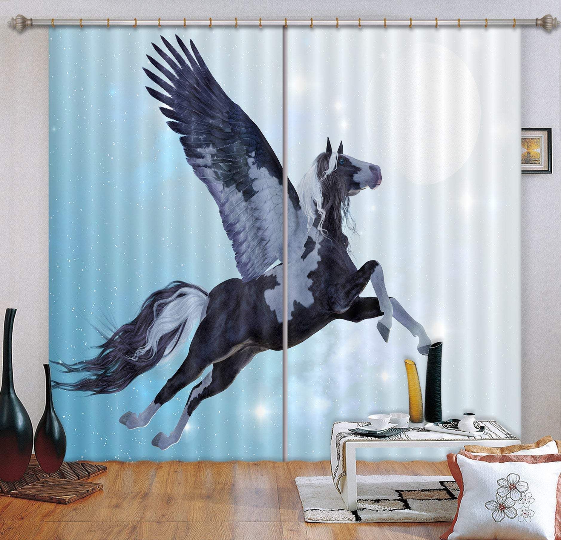 3D Flying Unicorn Into Blue Sky Printed Window Curtain