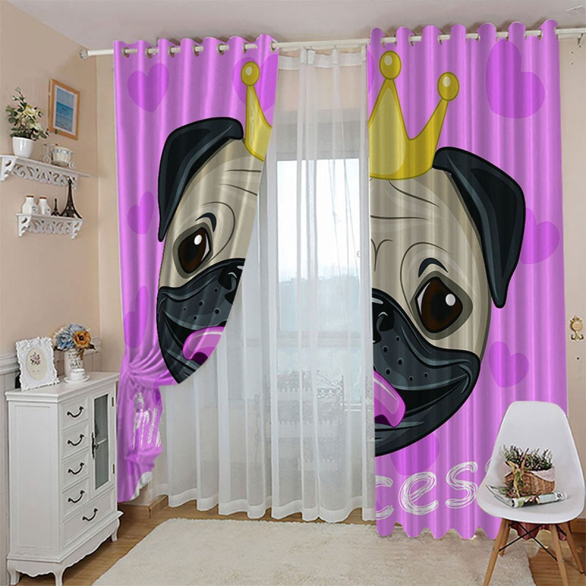 3d Funny Pug With Crown Printed Window Curtain Home Decor