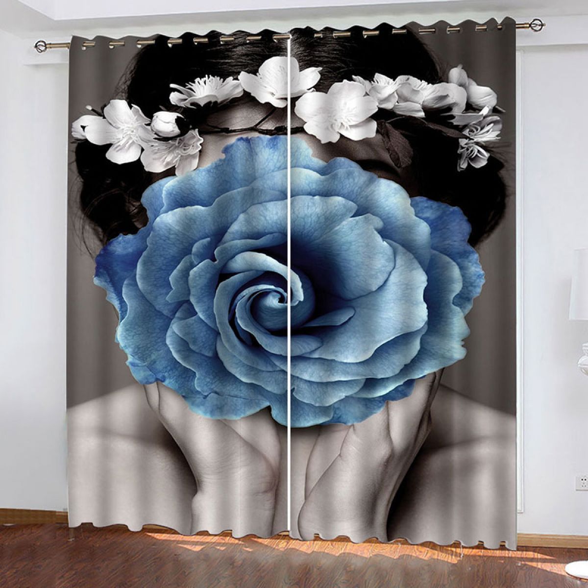 3d Girl Holding Blue Rose Printed Window Curtain Home Decor