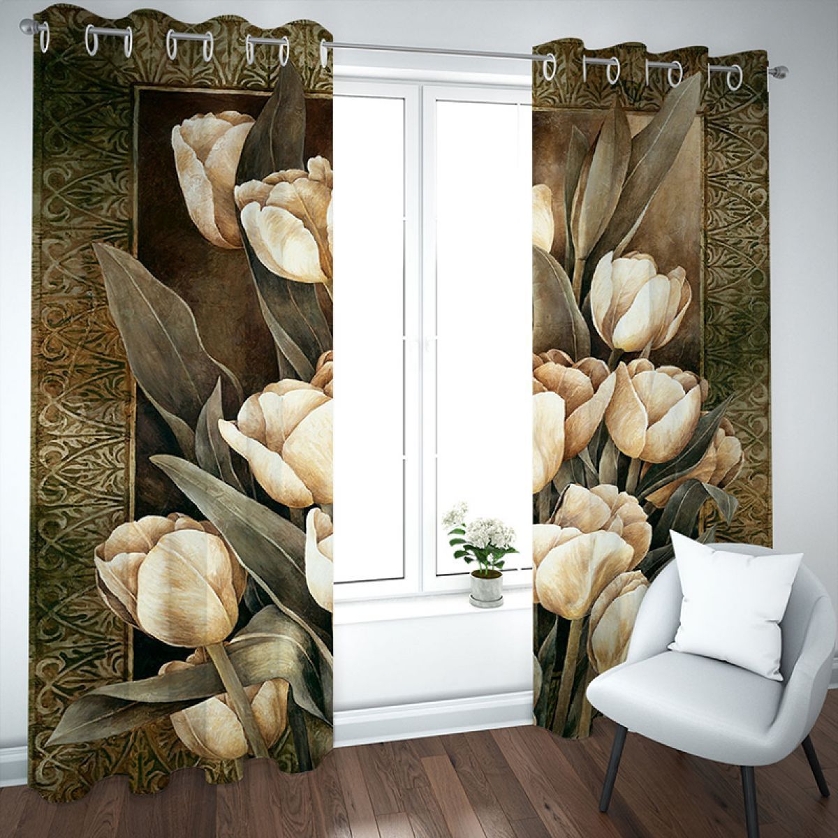 3d Gold Tulips Printed Window Curtain Home Decor