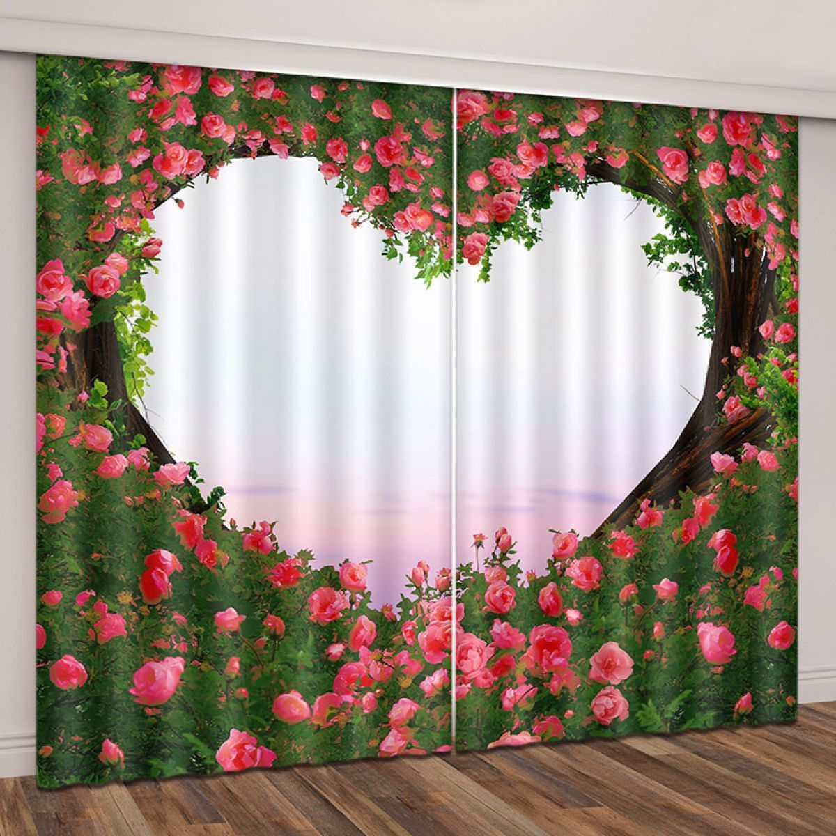 3d Heart Shape With Flowers Printed Window Curtain Home Decor