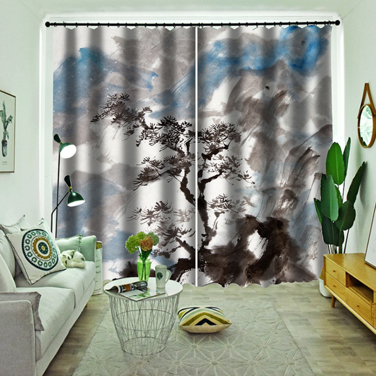 3d Ink Painting Of Tree Printed Window Curtain Home Decor
