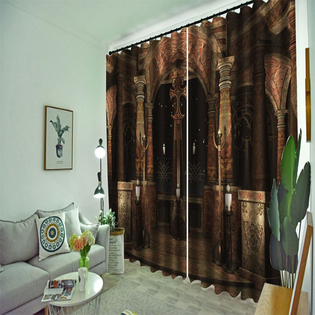 3d Inside View Of A Church Printed Window Curtain Home Decor