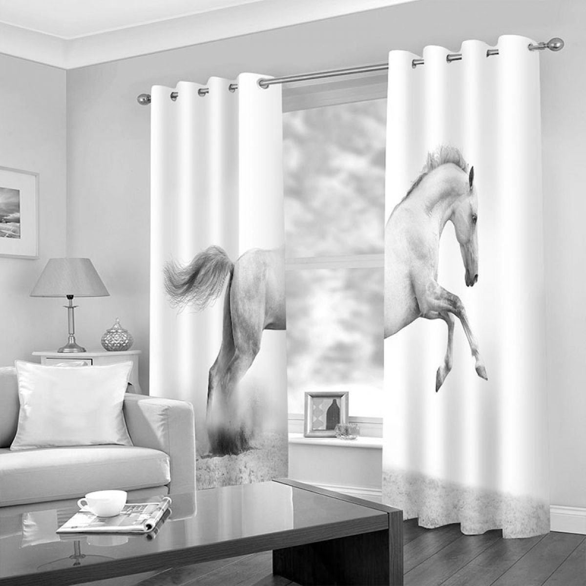 3d Jumping Horse In White Printed Window Curtain Home Decor