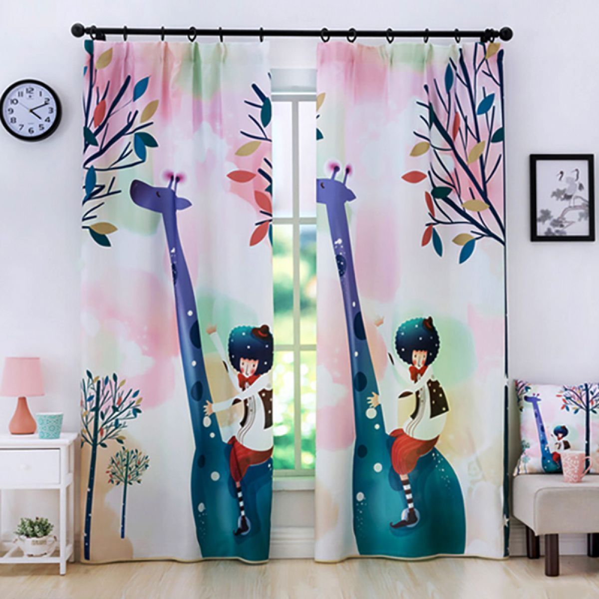 3d Kid Riding Giraffe Printed Window Curtain Home Decor
