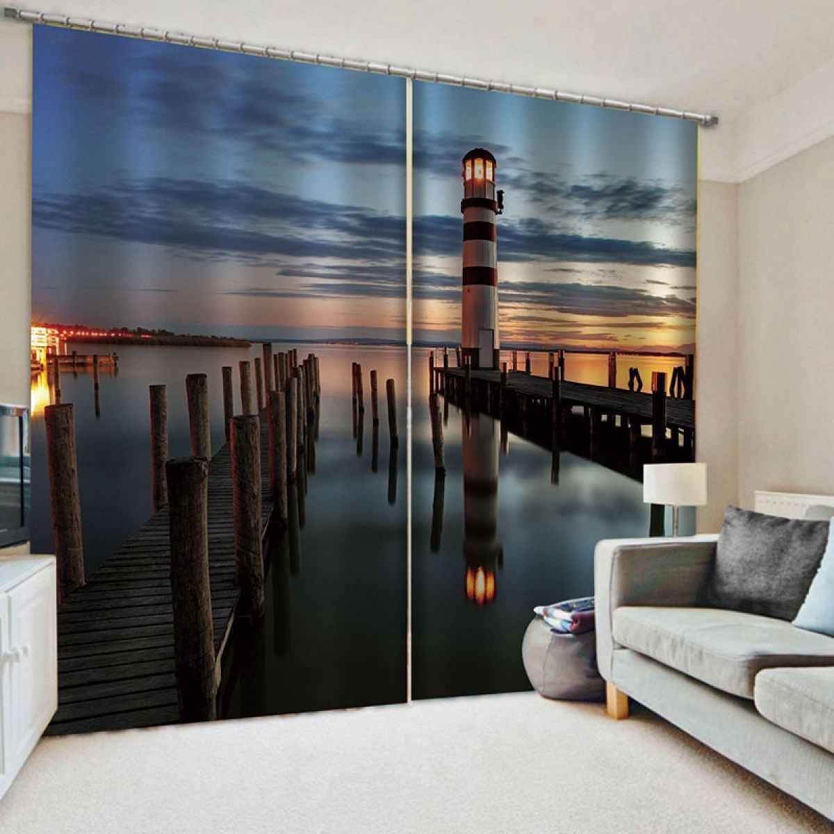 3d Light House And Wood Bridge On The Sea Printed Window Curtain Home Decor