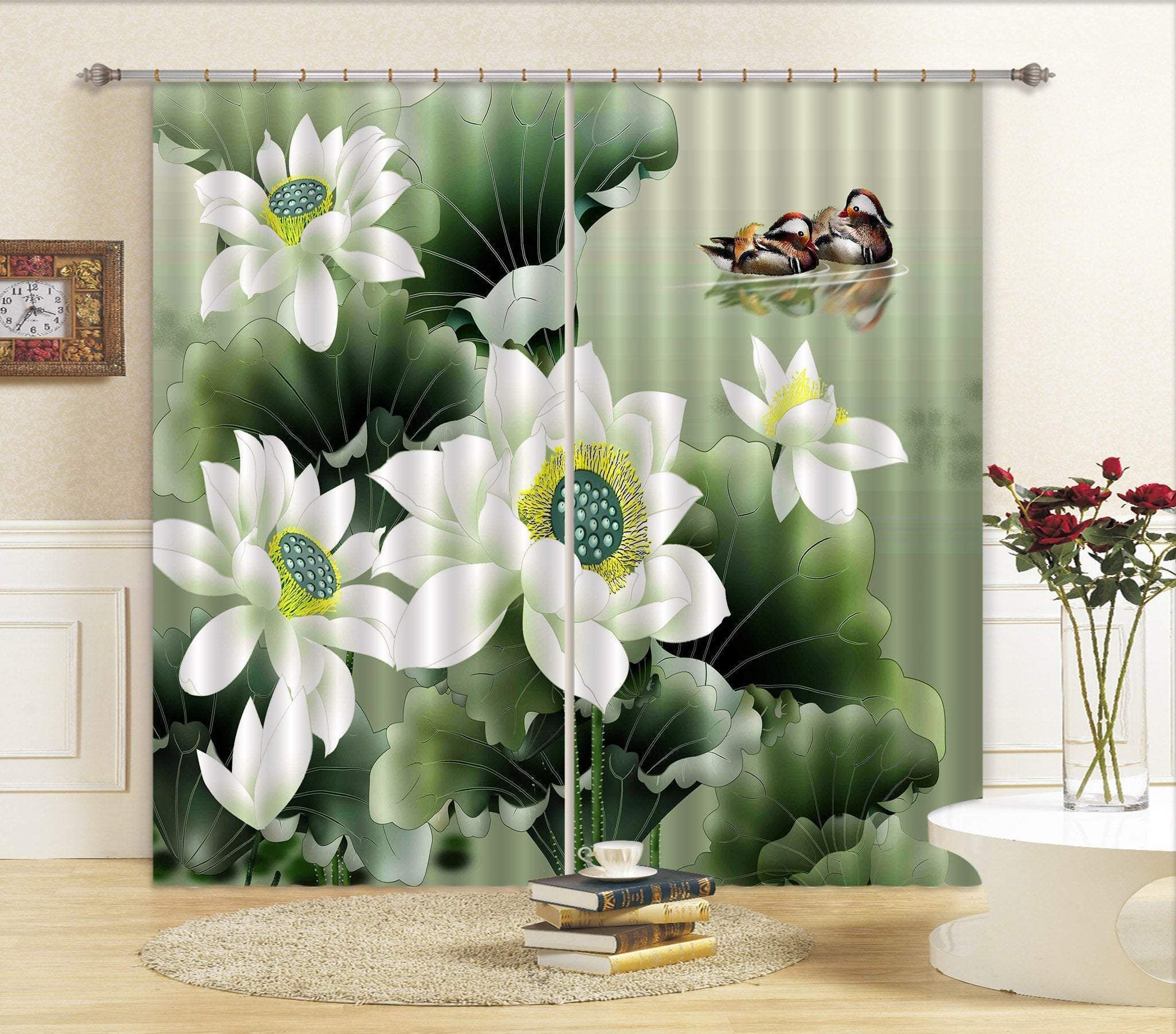 3D Lotus Flowers With Duck Printed Window Curtain