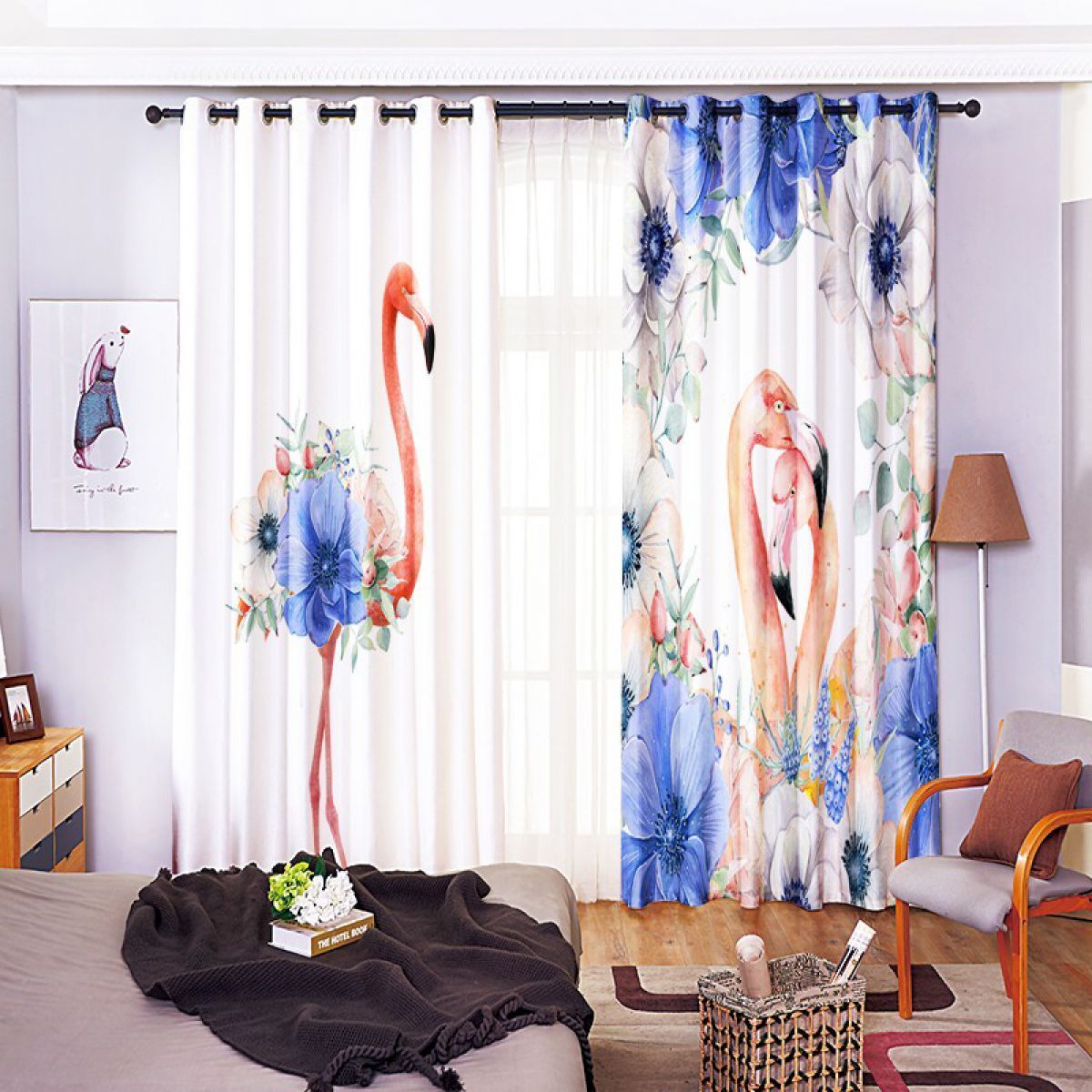 3d Lovely Flamingo Blossom Printed Window Curtain Home Decor
