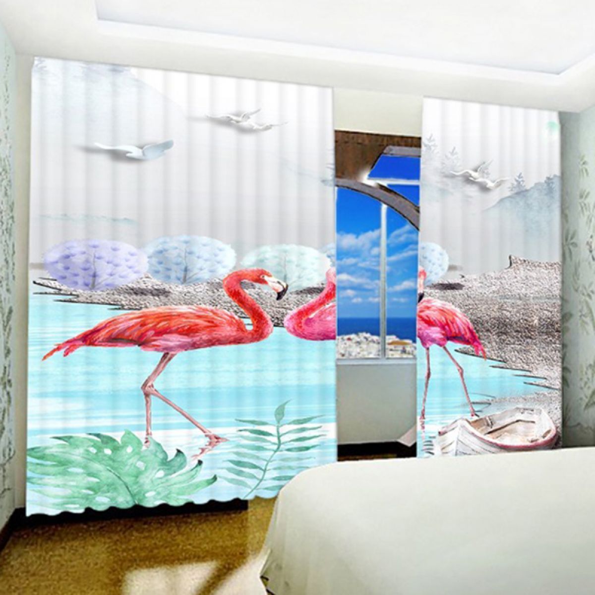 3d Lovely Flamingos Printed Window Curtain Home Decor