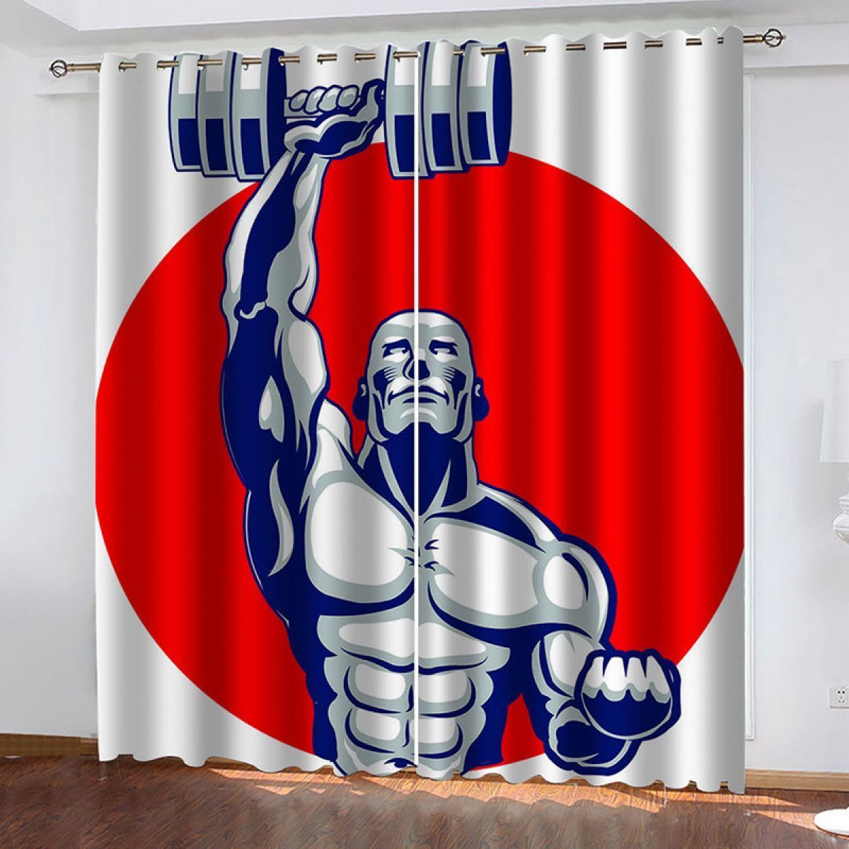 3d Man Holding Dumbbell Printed Window Curtain Home Decor