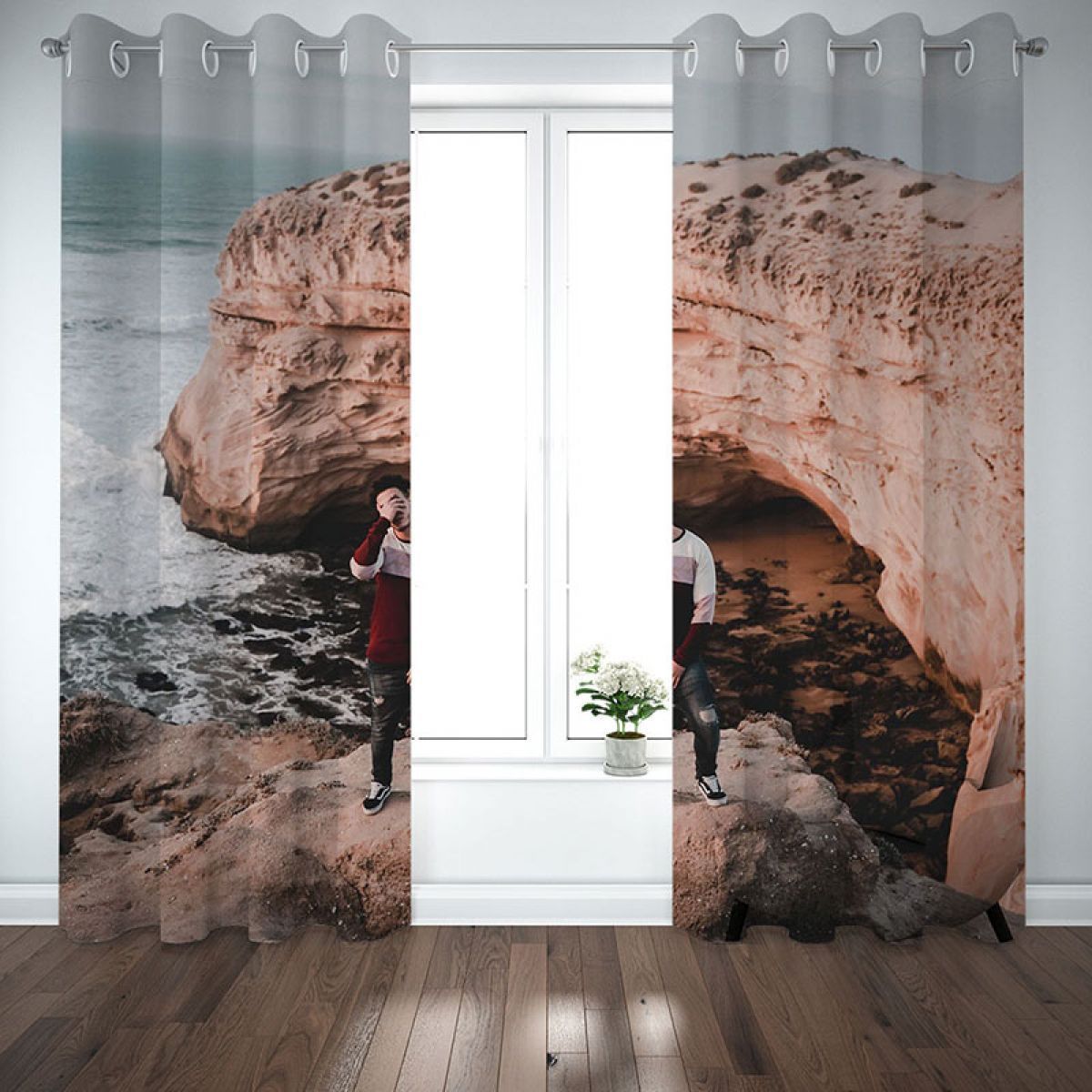 3d Man On The Seaside Stone Printed Window Curtain Home Decor
