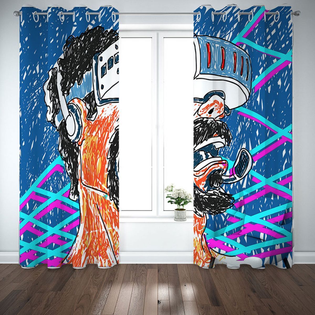 3d Man With Virtual Reality Glasses Printed Window Curtain Home Decor