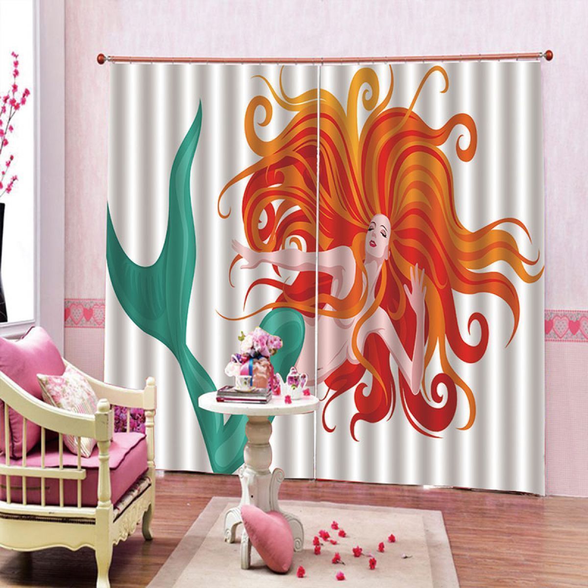 3d Mermaid Ceiling Printed Window Curtain Home Decor
