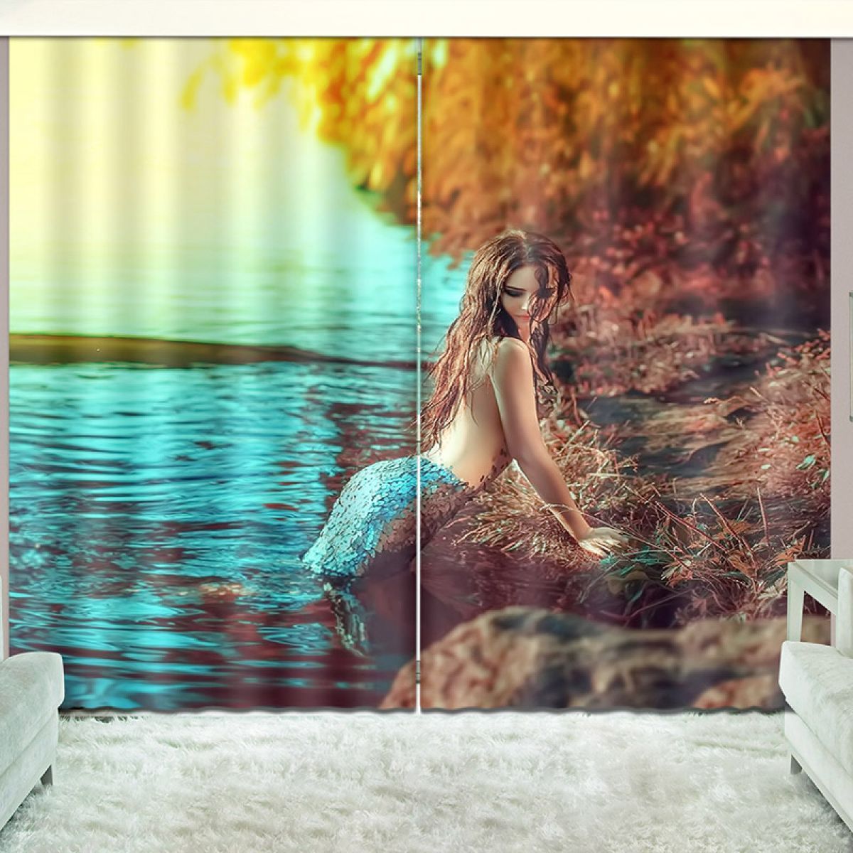 3d Mermaid On The Seacoast Printed Window Curtain Home Decor