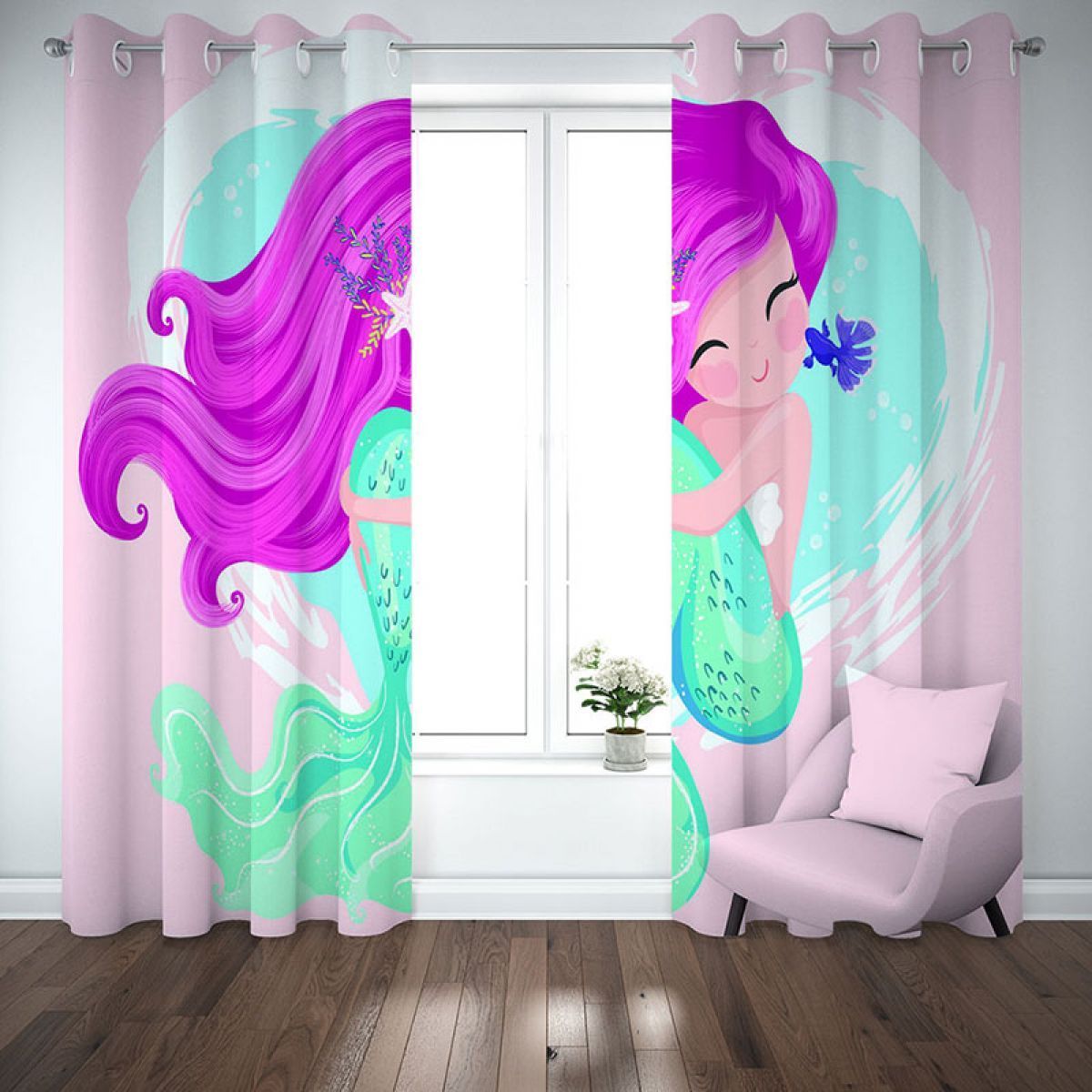 3d Mermaid With Goldfish Printed Window Curtain Home Decor