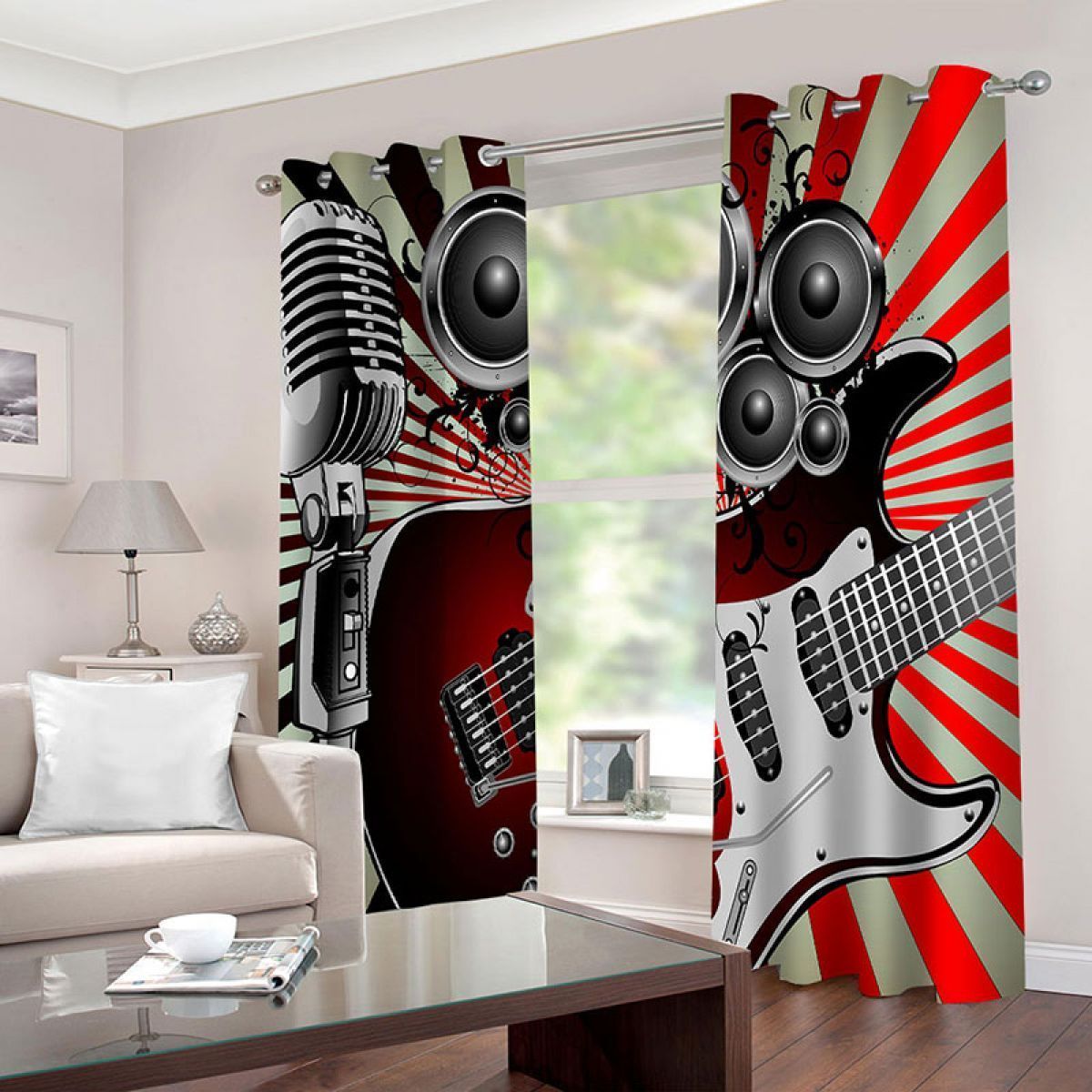 3d Microphone And Guitar Red Stripes Printed Window Curtain Home Decor