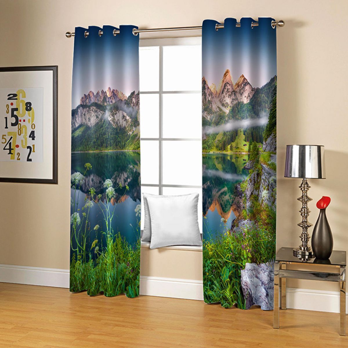3d Mountains And Lake Printed Window Curtain Home Decor