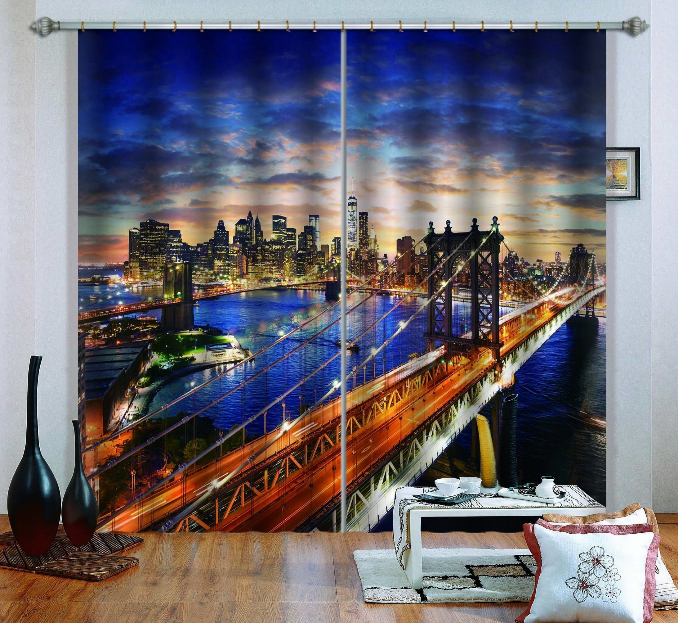3D Night View In City Printed Window Curtain